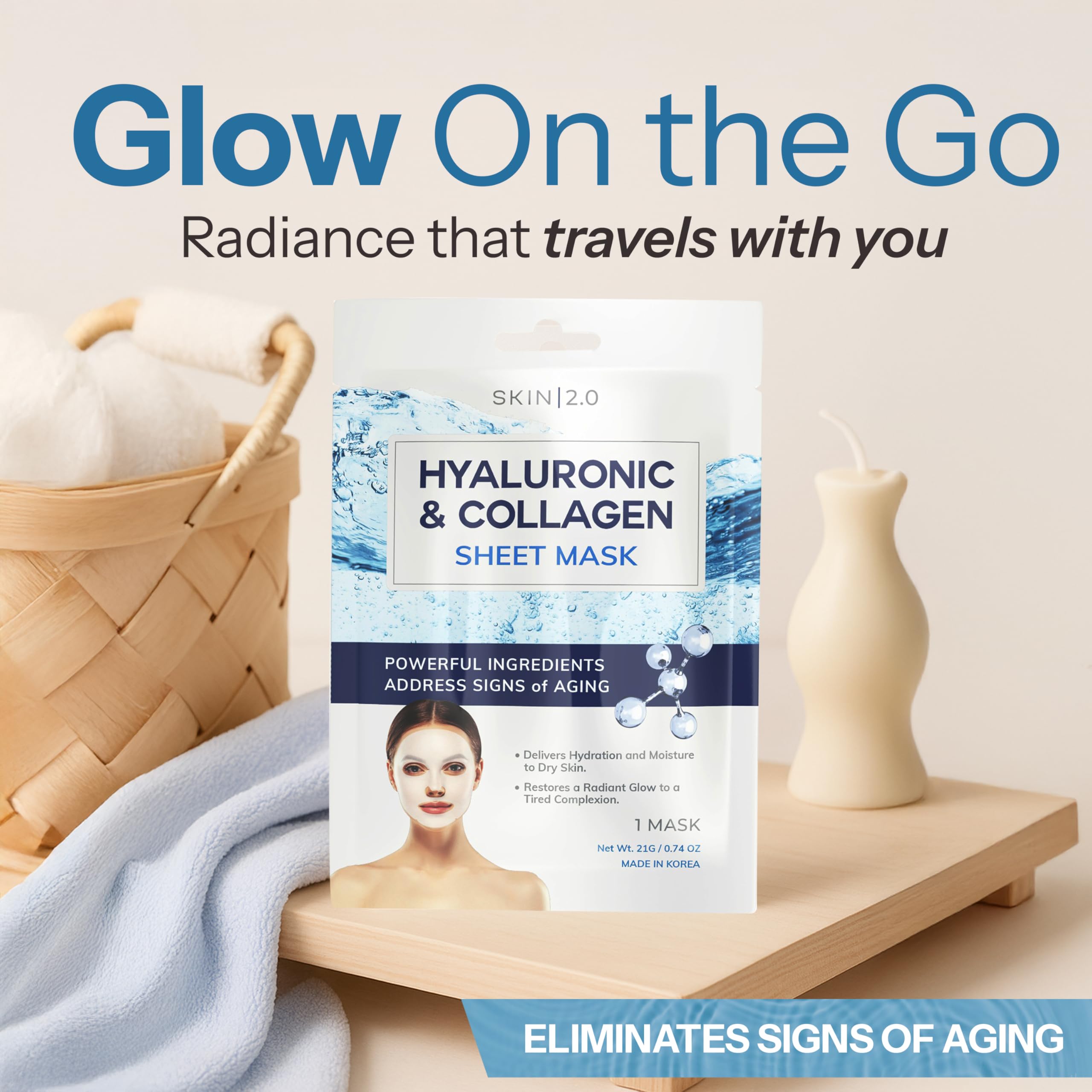 Skin 2.0 Hyaluronic Acid & Collagen Sheet Mask key ingredients highlighted
