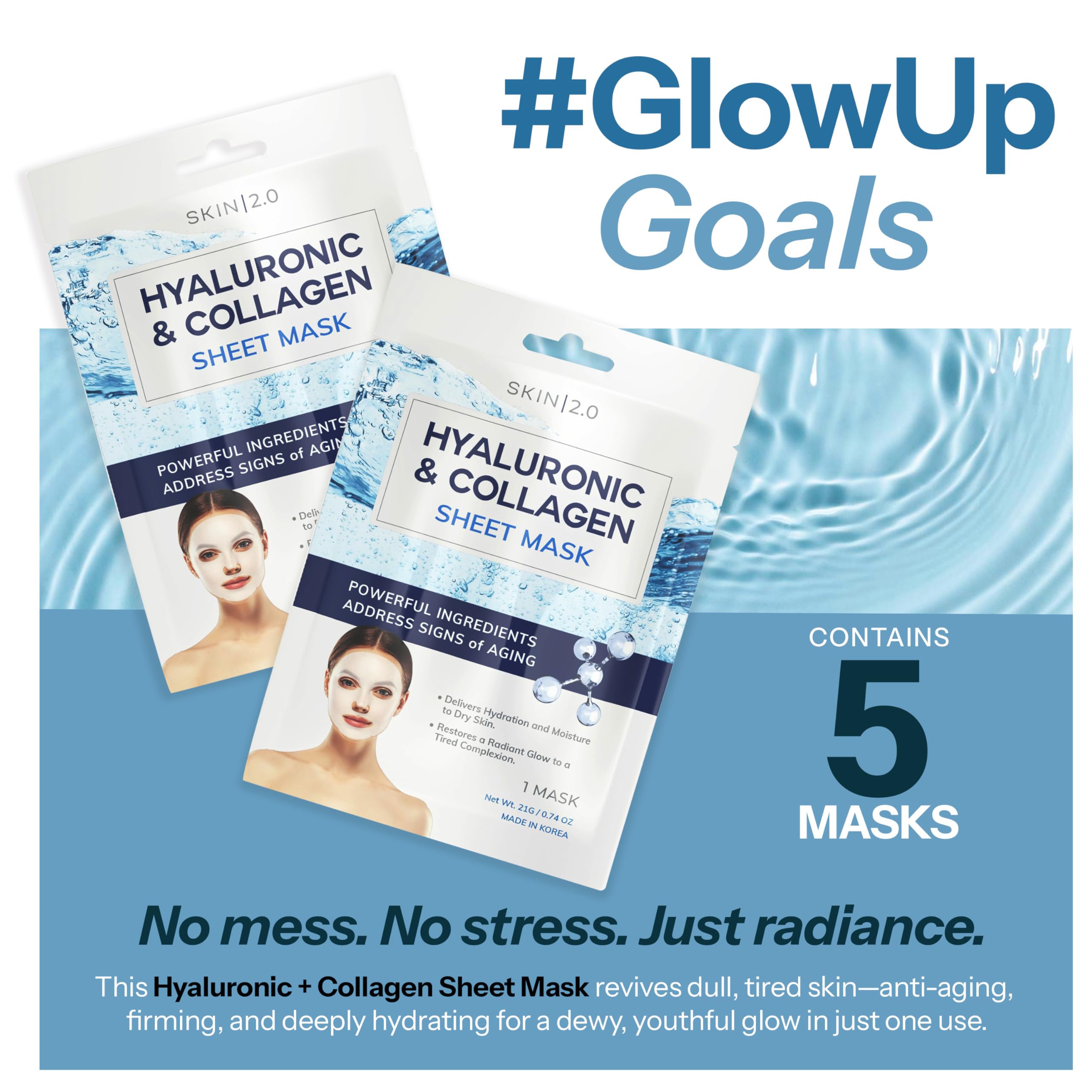 Skin 2.0 Hyaluronic Acid & Collagen Sheet Mask the mask applied on the face
