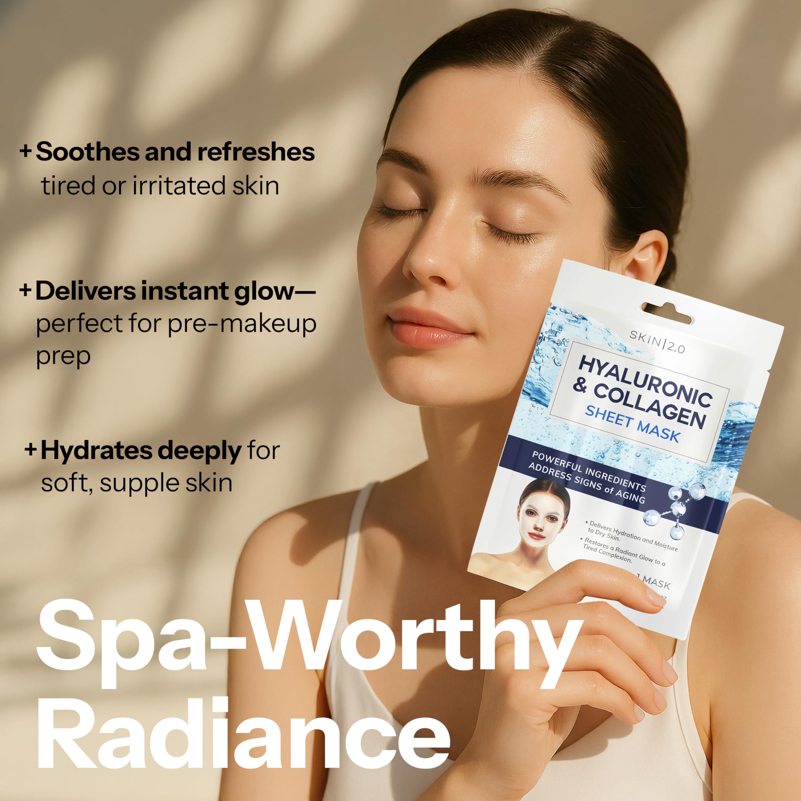 Skin 2.0 Hyaluronic Acid & Collagen Sheet Mask pack contents and mask count
