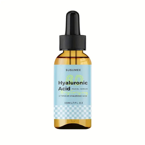 A 30ml amber glass dropper bottle of Susumee Hyaluronic Acid Facial Serum with a black cap and a light blue label, shown on a plain white background.