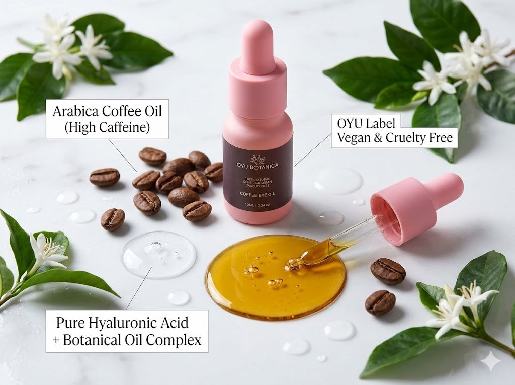 Oyu Botanica Coffee Bean Eye Oil key ingredients highlighted
