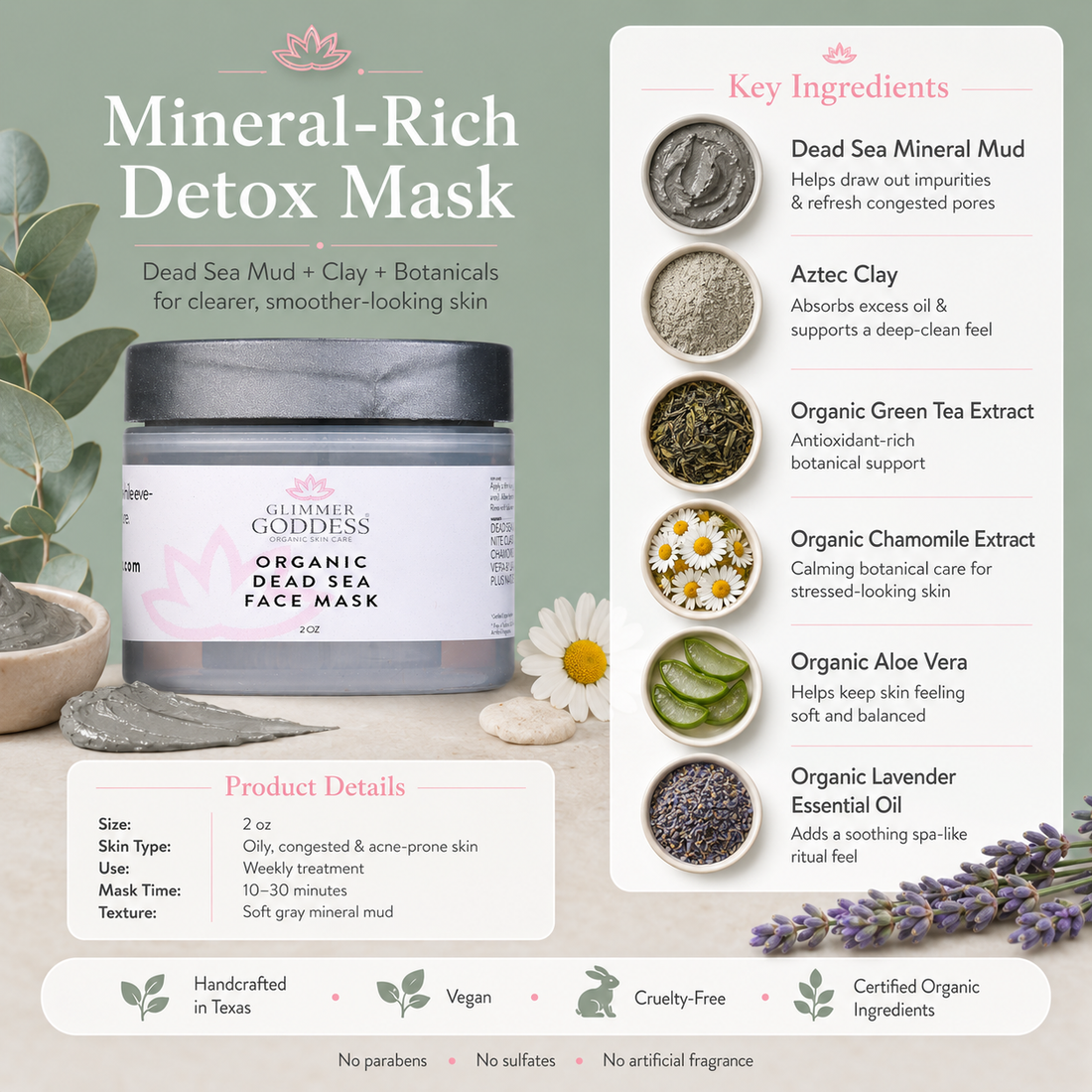 Organic Dead Sea Mud Mask Detoxifying Exfoliating Treatment key ingredients highlighted