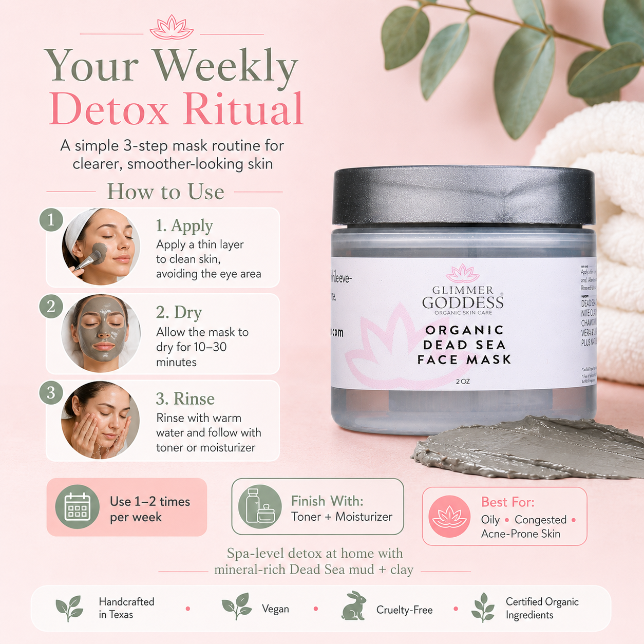 Organic Dead Sea Mud Mask Detoxifying Exfoliating Treatment the mask applied on the face