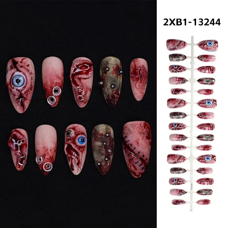 30PCS Terror Halloween Press-on Nails 3D Blood Stained Eyeballs Unique Clowns High-quality Nail Art Fake Nail Almond False Nails