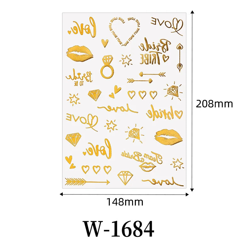 Waterproof Metallic Temporary Tattoos Women Gold Flash Fake Tattoo Sticker Heart Design Stickers for Valentine Wedding Body Art