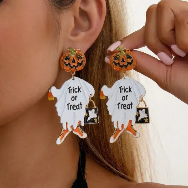 Halloween Pumpkin Dangle Earrings for Women Crystal Zircon Ghost Spider Long Tassel Dripping Oil Earring Party Festival Jewelry