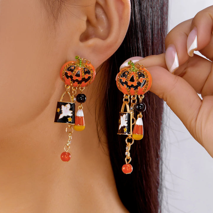 Halloween Pumpkin Dangle Earrings for Women Crystal Zircon Ghost Spider Long Tassel Dripping Oil Earring Party Festival Jewelry