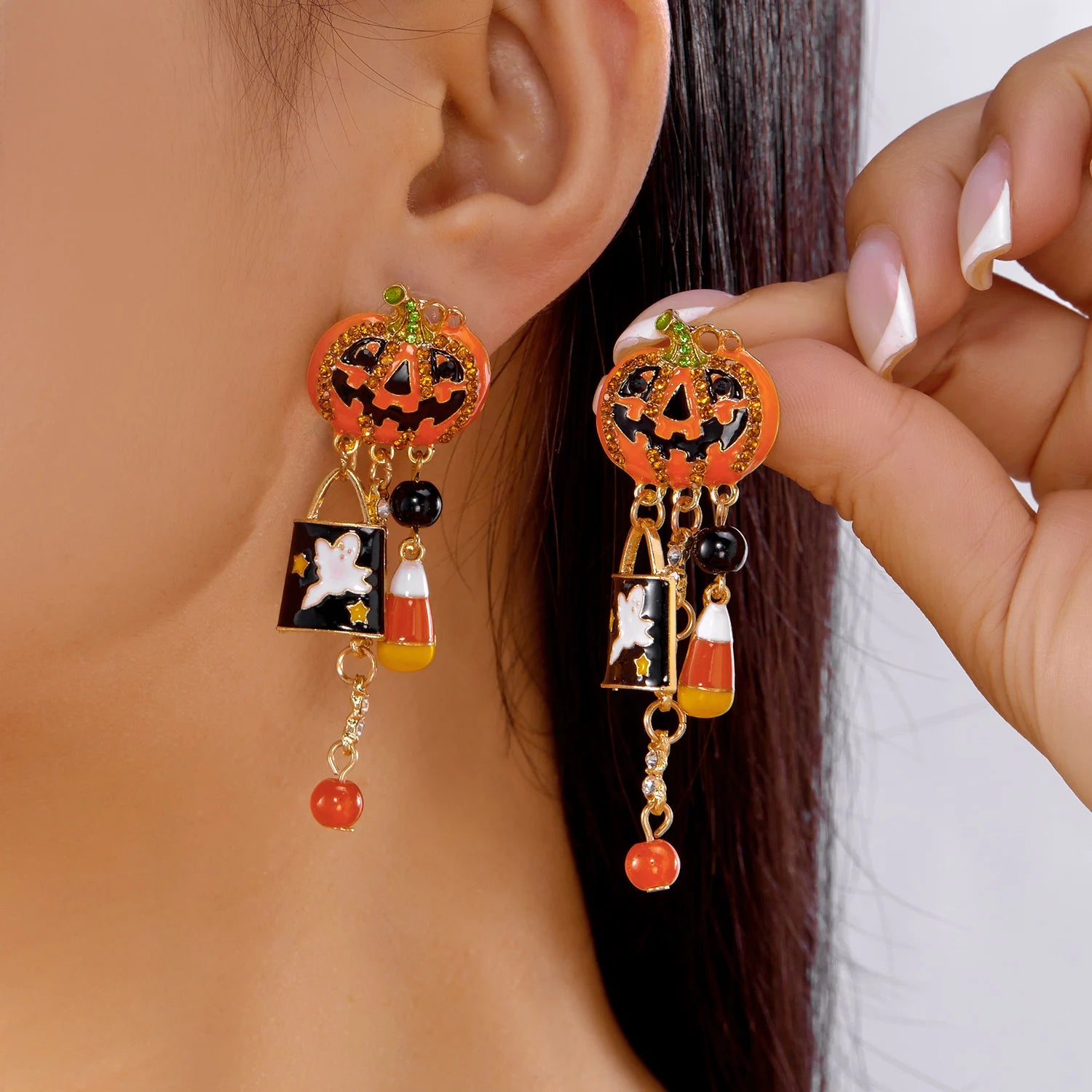 Halloween Pumpkin Dangle Earrings for Women Crystal Zircon Ghost Spider Long Tassel Dripping Oil Earring Party Festival Jewelry