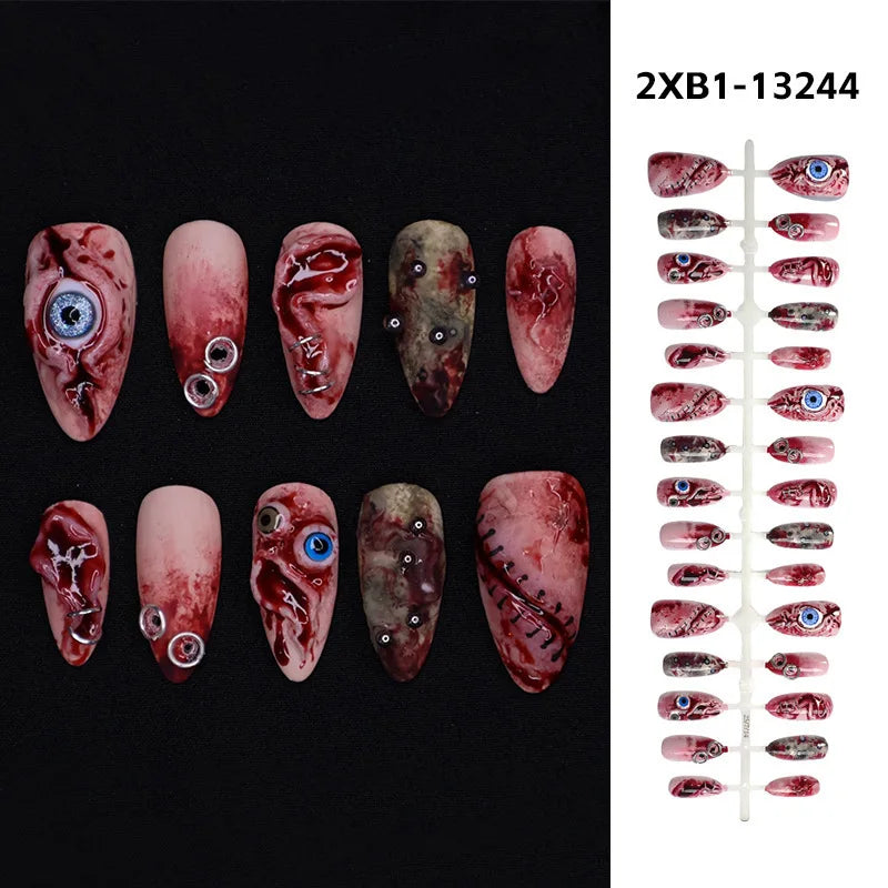 30PCS Terror Halloween Press-on Nails 3D Blood Stained Eyeballs Unique Clowns High-quality Nail Art Fake Nail Almond False Nails