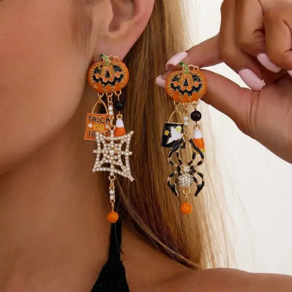 Halloween Pumpkin Dangle Earrings for Women Crystal Zircon Ghost Spider Long Tassel Dripping Oil Earring Party Festival Jewelry