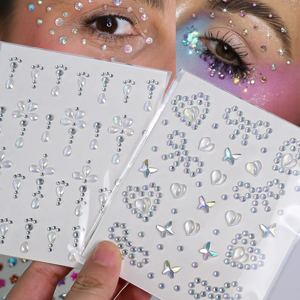 1pcs Laser Sparkle Stars Diamond/Pearls Face Gems Stickers Heart Moon Shape Rhinestones for Eyes/Face Stickers Temporary Tattoos