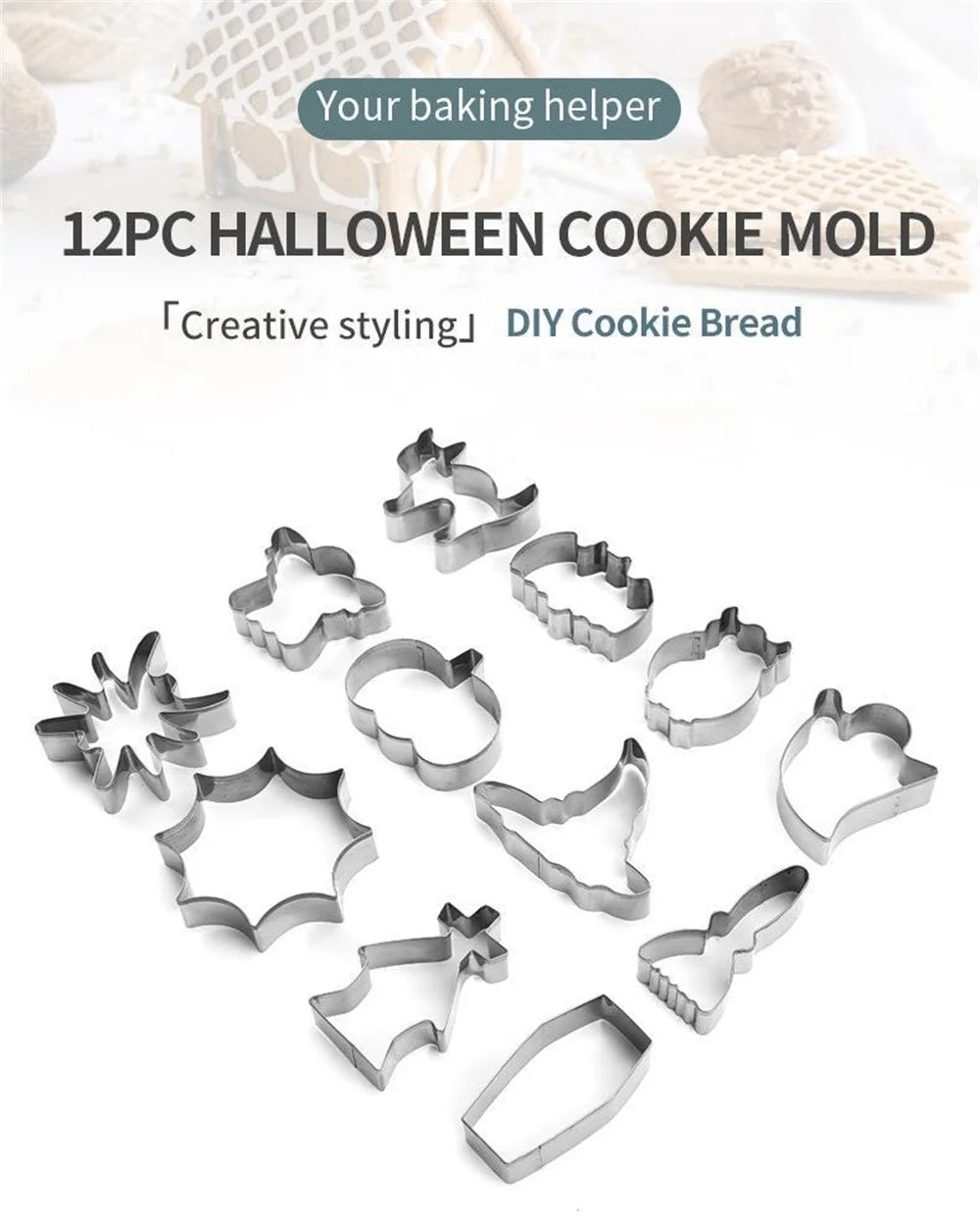 12PCS Halloween Cookie Molds Stainless Steel Cartoon Cookie Molds Bat Shape DIY Decorative Molds Baking Molds Kitchen BakingTooL