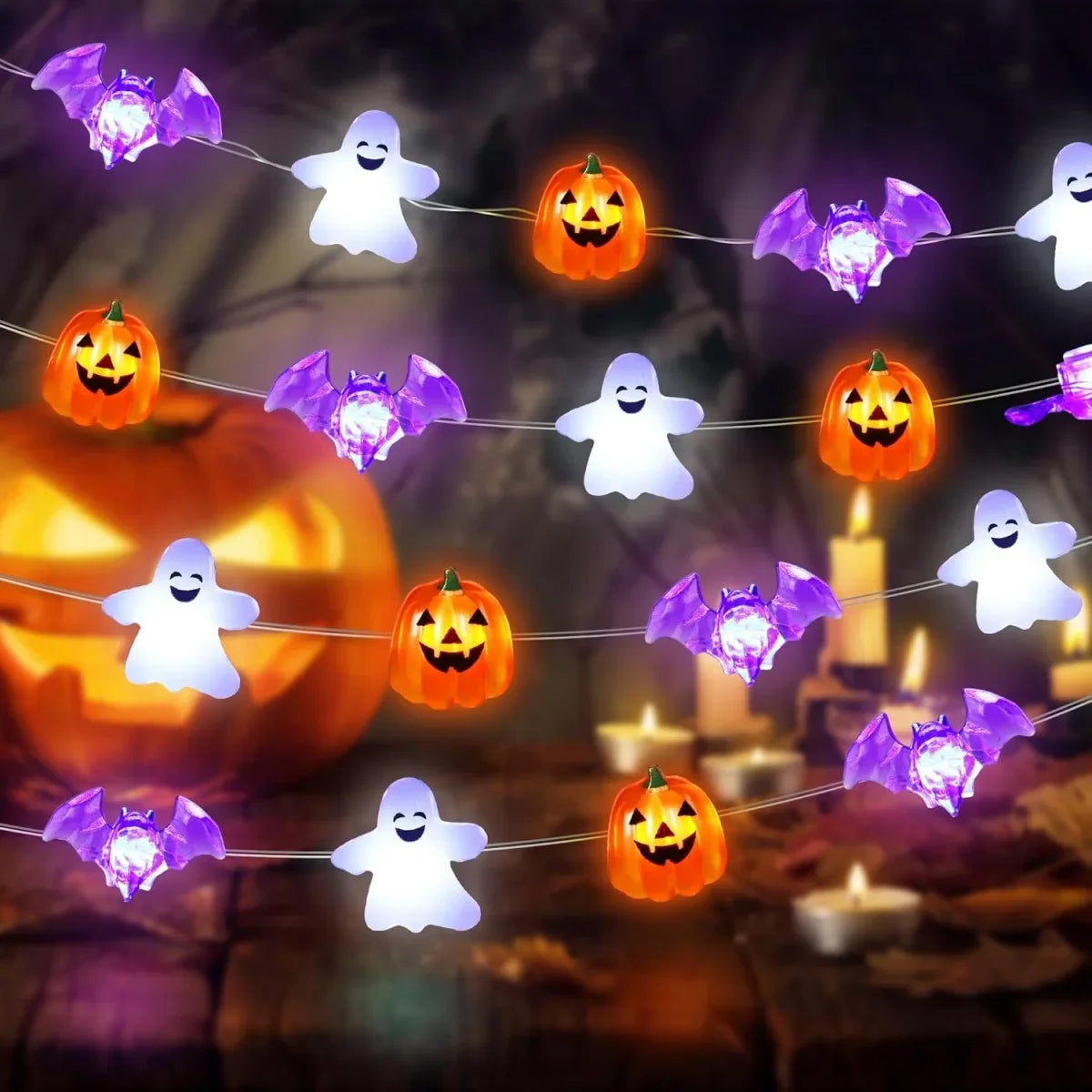 1pc 20/30 LED Halloween Copper Wire String Light With Mini Ghost Pumpkin Bat Fairy Lamp For Home Halloween Party Festival Decor