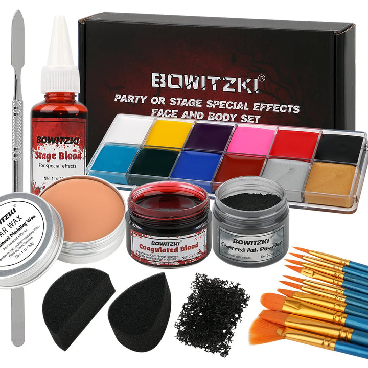 Bowitzki SFX Face Body Paint ,Halloween Makeup Special Effects，Fake Blood Scar Wax Charred Ash Powder with Sponges Brush
