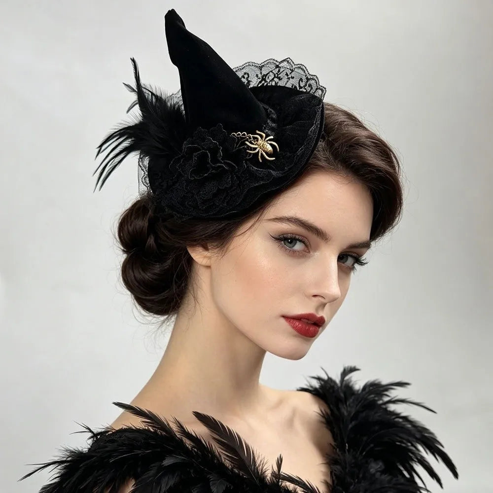 Flower Witch Hat Hair Clip Skull Spider Gothic Style Halloween Hair Clip Headdress Dark Black Witch Hairpins Cosplay
