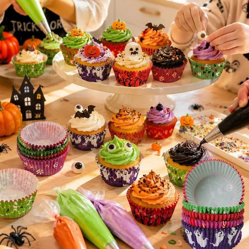 100PCS Halloween Cupcake Liners Ghost Pumpkin Muffin Baking Cups Wrapper Tray Holder DIY Party Candy Cake Decorations Supplies