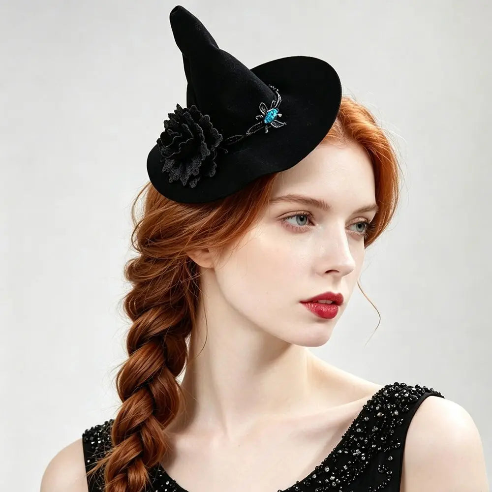 Flower Witch Hat Hair Clip Skull Spider Gothic Style Halloween Hair Clip Headdress Dark Black Witch Hairpins Cosplay