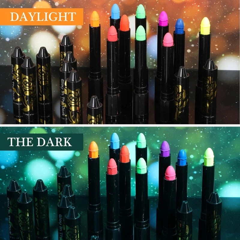12pcs UV Neon Face Body Paint Kit,Fluorescent Glow in The Dark Face Paint Crayons Sticks for Mardi Halloween Masquerade Makeup