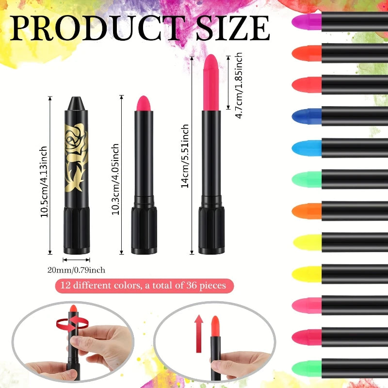 12pcs UV Neon Face Body Paint Kit,Fluorescent Glow in The Dark Face Paint Crayons Sticks for Mardi Halloween Masquerade Makeup