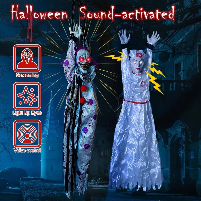 Halloween Animatronics Decoration Hanging Clown Nurse Voice Control Electric Outdoor Scary Clearance Horror Haunted House Props