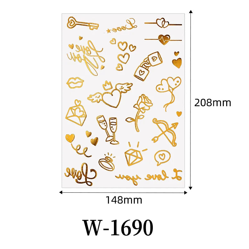 Waterproof Metallic Temporary Tattoos Women Gold Flash Fake Tattoo Sticker Heart Design Stickers for Valentine Wedding Body Art