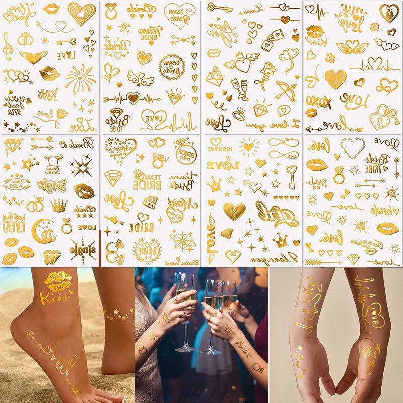 Waterproof Metallic Temporary Tattoos Women Gold Flash Fake Tattoo Sticker Heart Design Stickers for Valentine Wedding Body Art