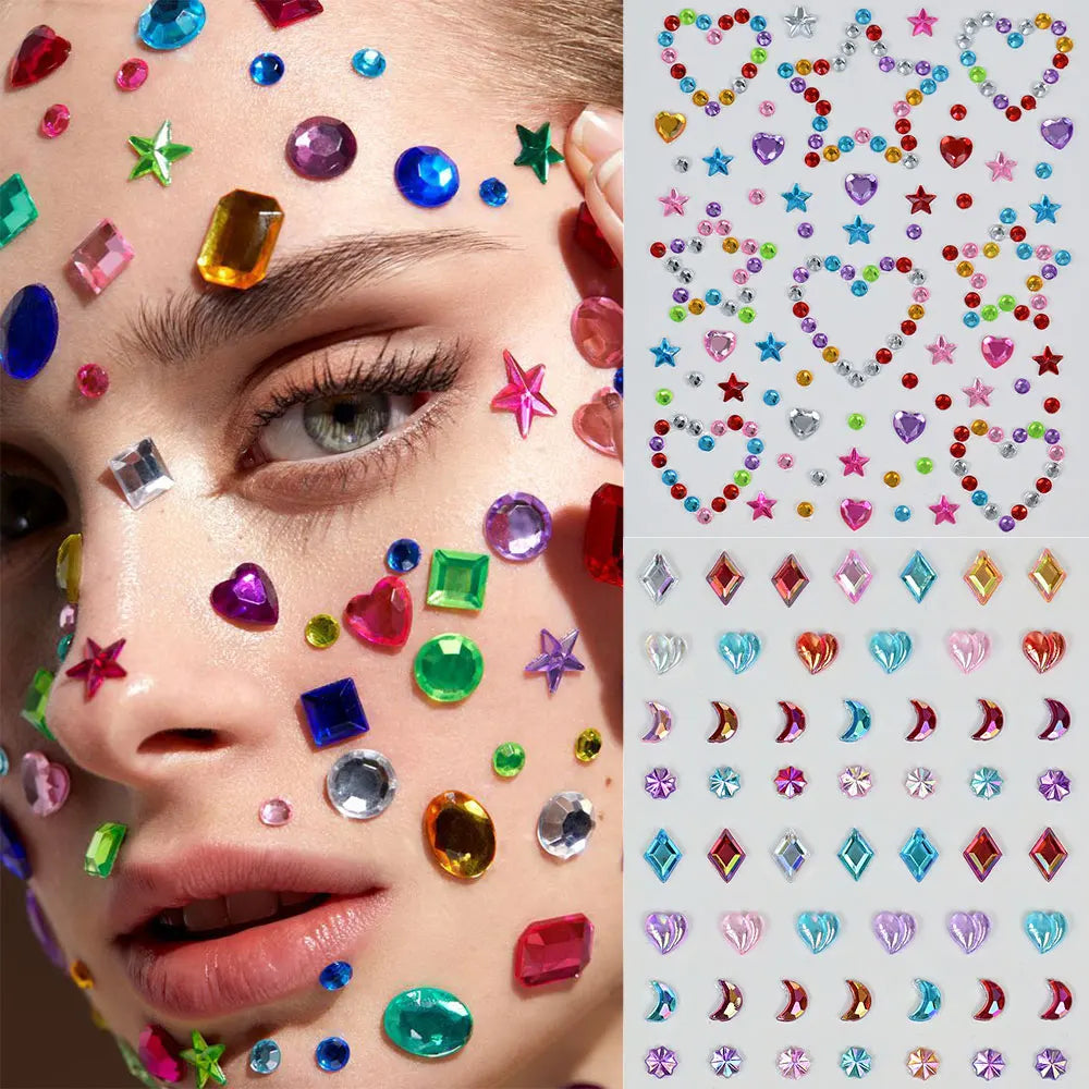1pcs Laser Sparkle Stars Diamond/Pearls Face Gems Stickers Heart Moon Shape Rhinestones for Eyes/Face Stickers Temporary Tattoos