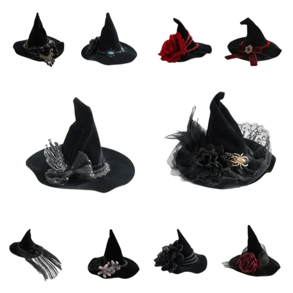 Flower Witch Hat Hair Clip Skull Spider Gothic Style Halloween Hair Clip Headdress Dark Black Witch Hairpins Cosplay
