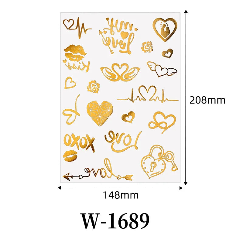 Waterproof Metallic Temporary Tattoos Women Gold Flash Fake Tattoo Sticker Heart Design Stickers for Valentine Wedding Body Art