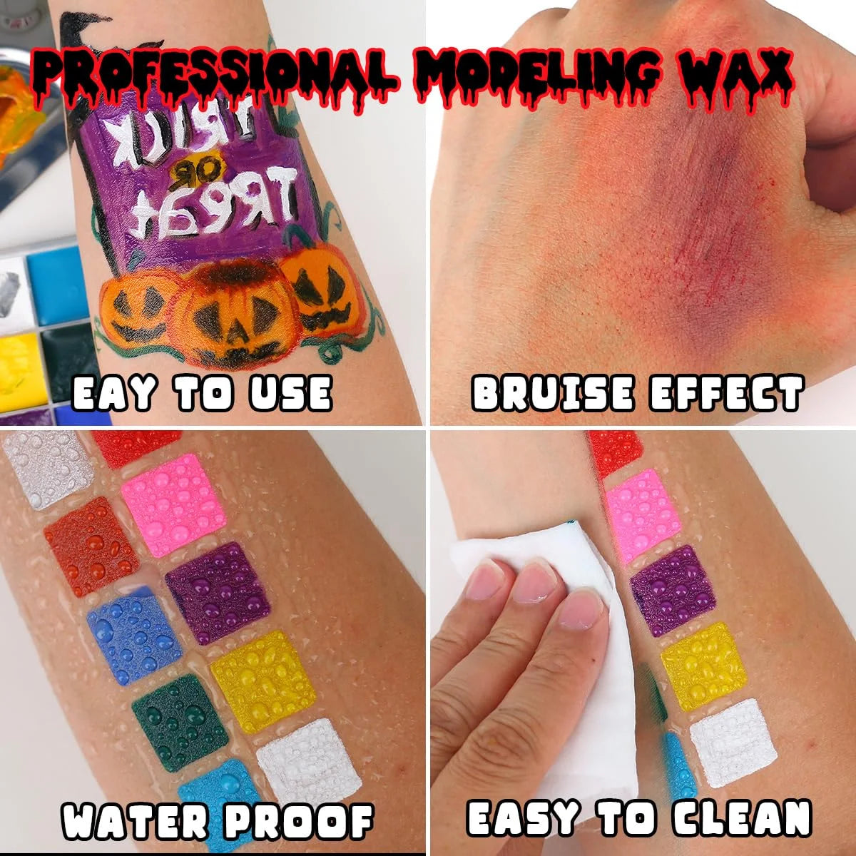 Bowitzki SFX Face Body Paint ,Halloween Makeup Special Effects，Fake Blood Scar Wax Charred Ash Powder with Sponges Brush
