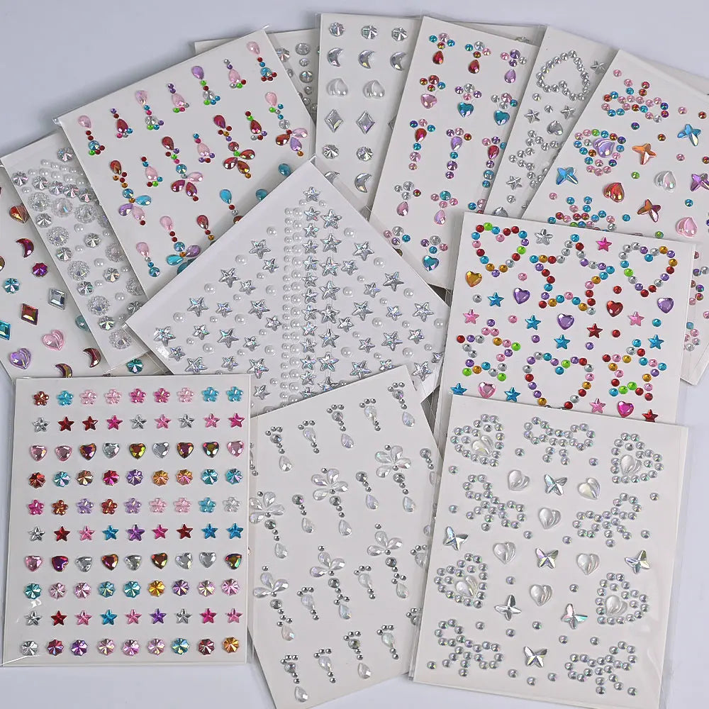 1pcs Laser Sparkle Stars Diamond/Pearls Face Gems Stickers Heart Moon Shape Rhinestones for Eyes/Face Stickers Temporary Tattoos