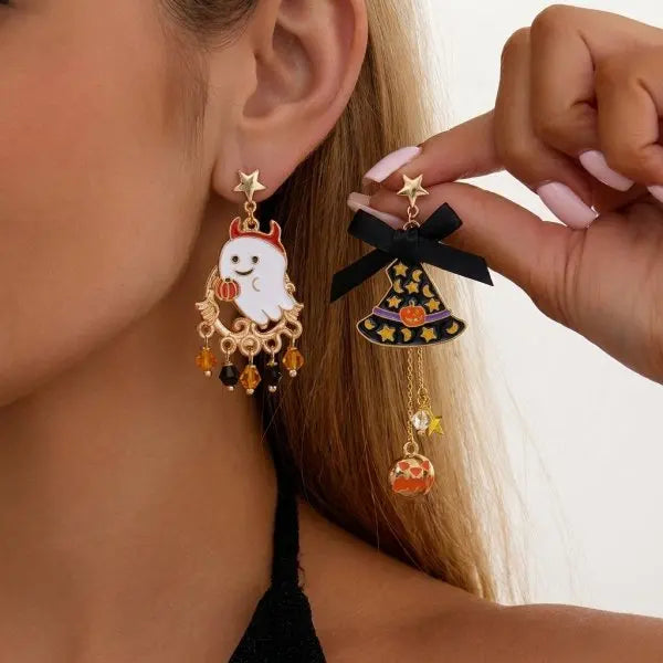 Halloween Pumpkin Dangle Earrings for Women Crystal Zircon Ghost Spider Long Tassel Dripping Oil Earring Party Festival Jewelry