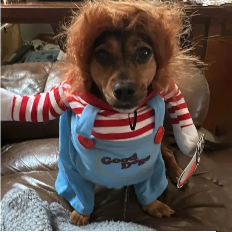 Halloween Pet Dog Clothes Transformed Pet Apparel and Wig for Holiday Party Pet Supplies Funny Bloody Doll With Knife Dog Costum