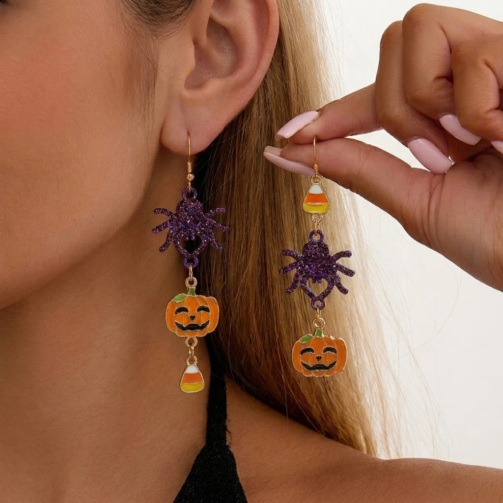 Halloween Pumpkin Dangle Earrings for Women Crystal Zircon Ghost Spider Long Tassel Dripping Oil Earring Party Festival Jewelry
