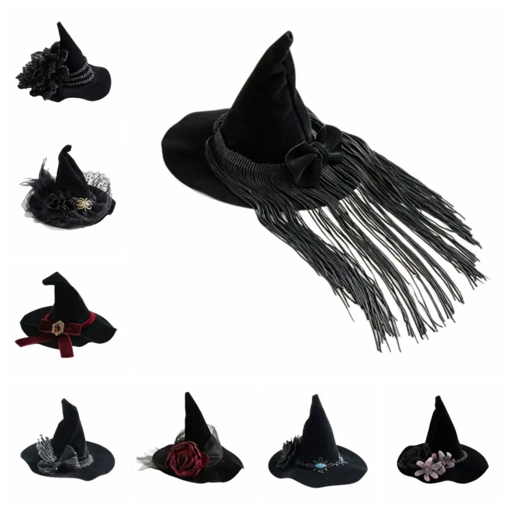 Flower Witch Hat Hair Clip Skull Spider Gothic Style Halloween Hair Clip Headdress Dark Black Witch Hairpins Cosplay