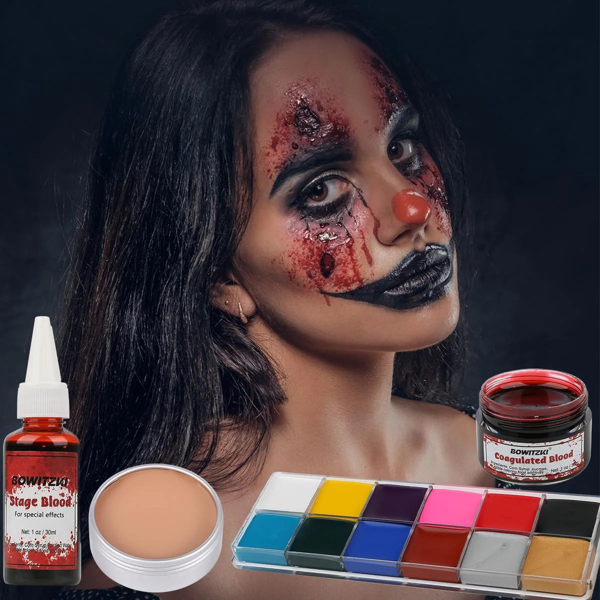 Bowitzki SFX Face Body Paint ,Halloween Makeup Special Effects，Fake Blood Scar Wax Charred Ash Powder with Sponges Brush