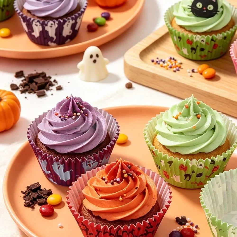 100PCS Halloween Cupcake Liners Ghost Pumpkin Muffin Baking Cups Wrapper Tray Holder DIY Party Candy Cake Decorations Supplies