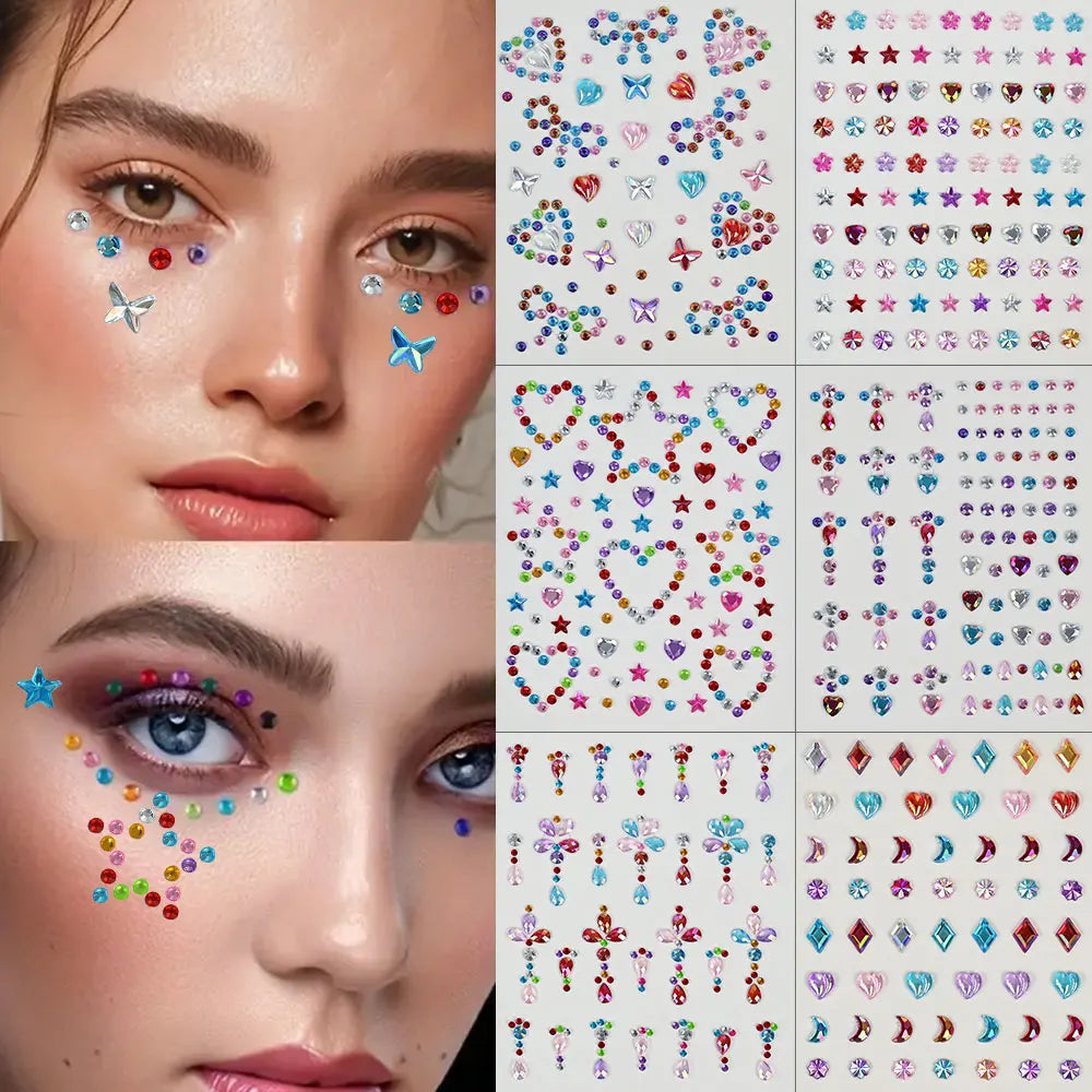 1pcs Laser Sparkle Stars Diamond/Pearls Face Gems Stickers Heart Moon Shape Rhinestones for Eyes/Face Stickers Temporary Tattoos
