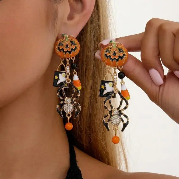 Halloween Pumpkin Dangle Earrings for Women Crystal Zircon Ghost Spider Long Tassel Dripping Oil Earring Party Festival Jewelry