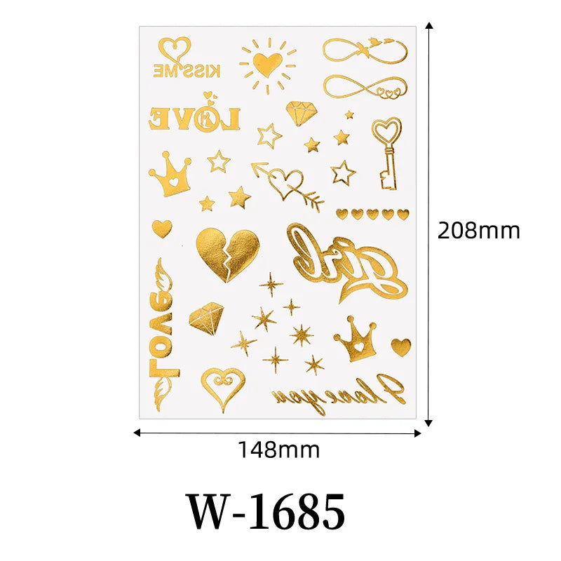 Waterproof Metallic Temporary Tattoos Women Gold Flash Fake Tattoo Sticker Heart Design Stickers for Valentine Wedding Body Art