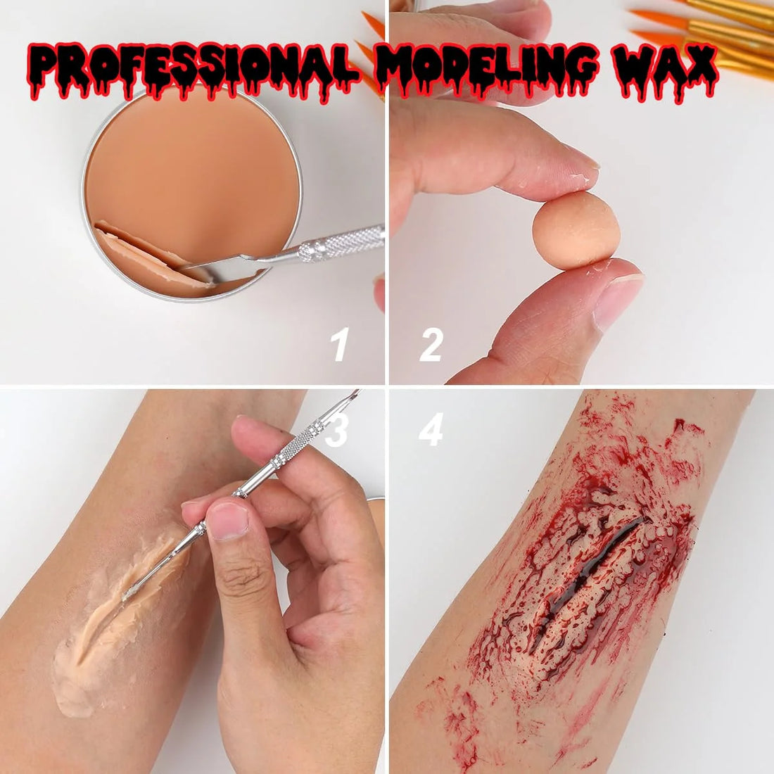 Bowitzki SFX Face Body Paint ,Halloween Makeup Special Effects，Fake Blood Scar Wax Charred Ash Powder with Sponges Brush