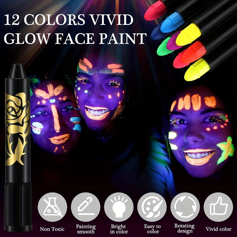 12pcs UV Neon Face Body Paint Kit,Fluorescent Glow in The Dark Face Paint Crayons Sticks for Mardi Halloween Masquerade Makeup