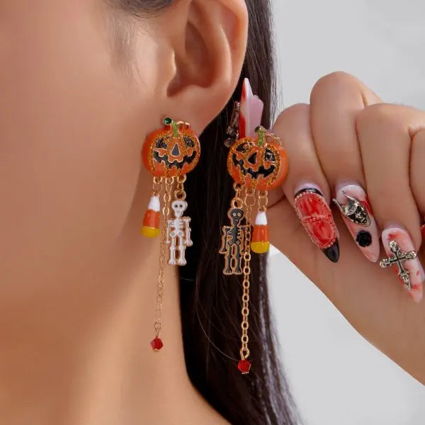Halloween Pumpkin Dangle Earrings for Women Crystal Zircon Ghost Spider Long Tassel Dripping Oil Earring Party Festival Jewelry