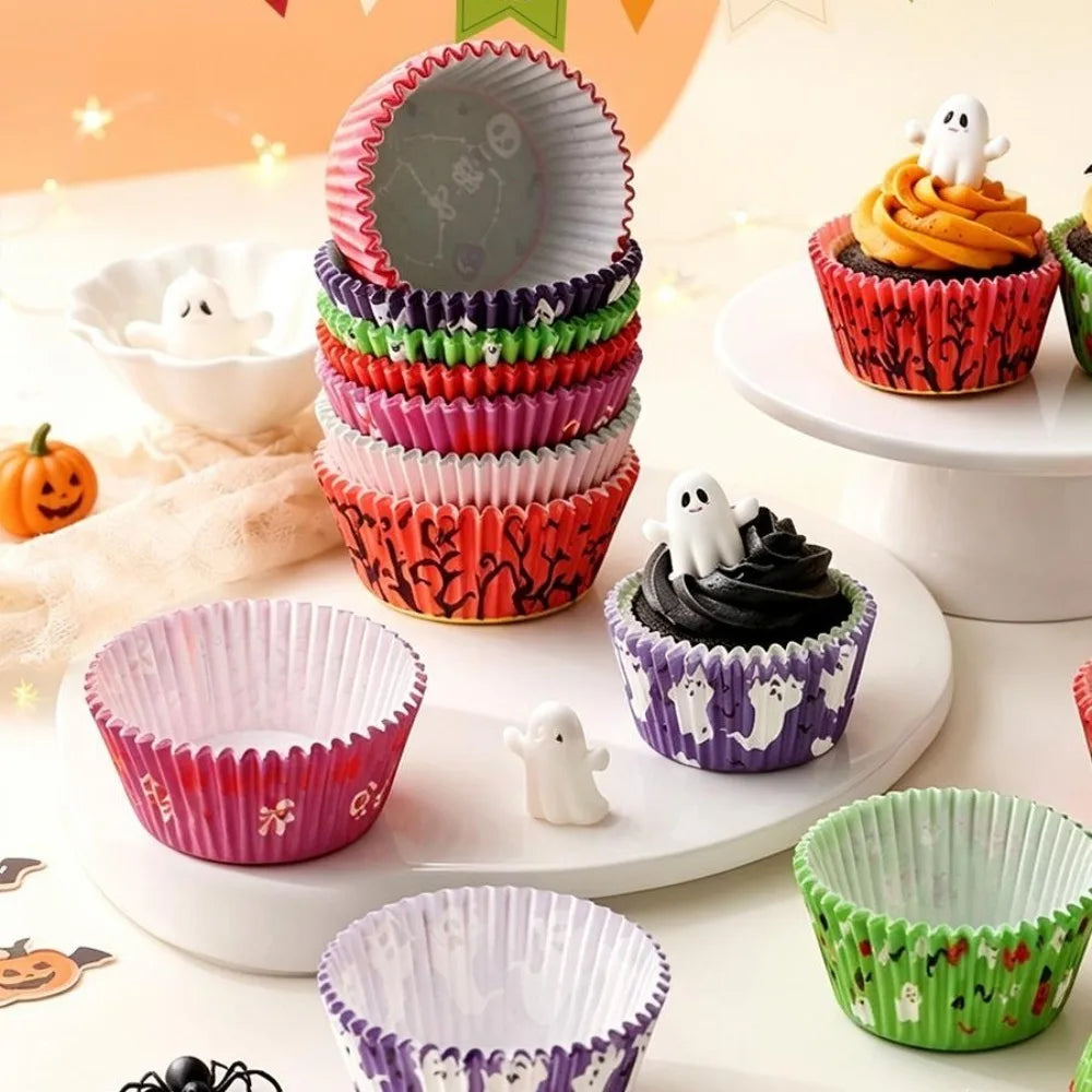 100PCS Halloween Cupcake Liners Ghost Pumpkin Muffin Baking Cups Wrapper Tray Holder DIY Party Candy Cake Decorations Supplies
