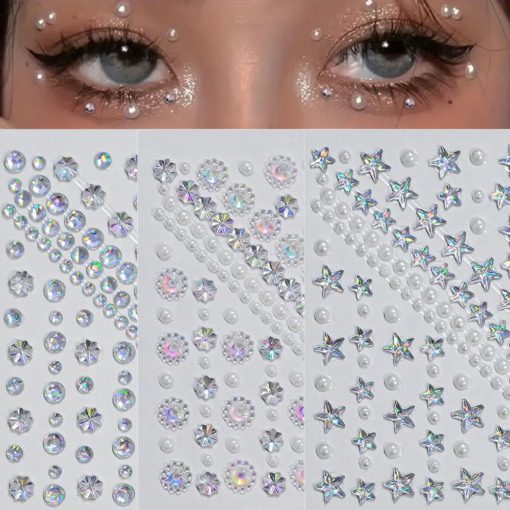 1pcs Laser Sparkle Stars Diamond/Pearls Face Gems Stickers Heart Moon Shape Rhinestones for Eyes/Face Stickers Temporary Tattoos
