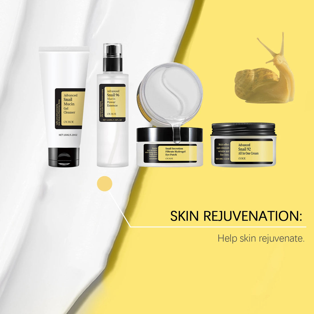 Snail Mucin Skincare Set 4-Step Glow Routine key ingredients across the set