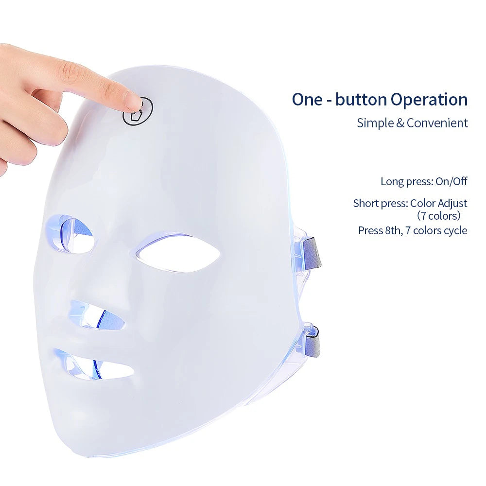 Rechargeable 7-Color LED Face Mask At-Home Light Therapy controls and light-mode settings