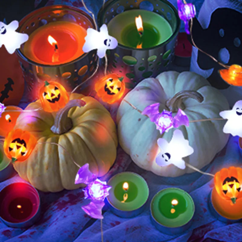 1pc 20/30 LED Halloween Copper Wire String Light With Mini Ghost Pumpkin Bat Fairy Lamp For Home Halloween Party Festival Decor