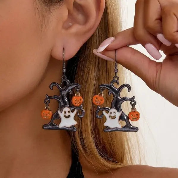 Halloween Pumpkin Dangle Earrings for Women Crystal Zircon Ghost Spider Long Tassel Dripping Oil Earring Party Festival Jewelry