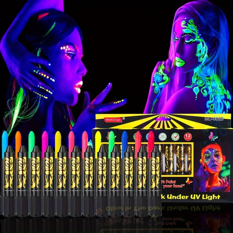 12pcs UV Neon Face Body Paint Kit,Fluorescent Glow in The Dark Face Paint Crayons Sticks for Mardi Halloween Masquerade Makeup